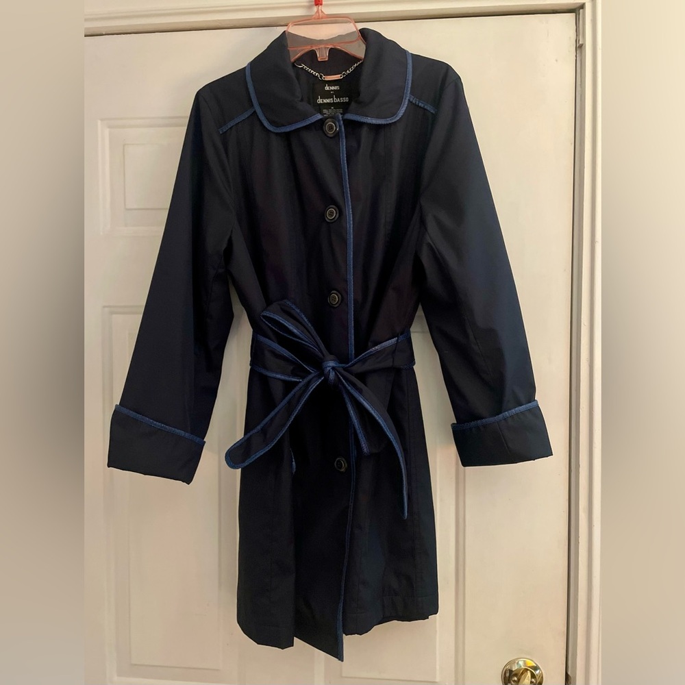 Dennis Basso navy blue water resistant button trench croc trim coat size medium